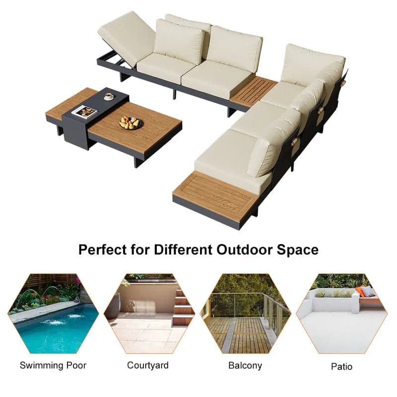 4 Pieces Modern L Shape Teak Wood Outdoor Sectional Sofa Set with Coffee Table in Beige