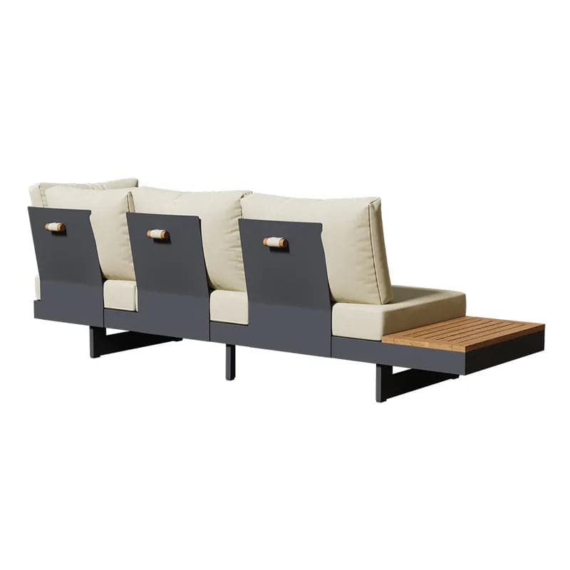 4 Pieces Modern L Shape Teak Wood Outdoor Sectional Sofa Set with Coffee Table in Beige