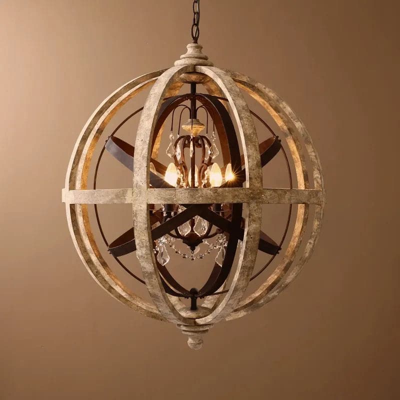 Lustre globe rétro à 5 lumières en bois patiné et accents de cristal