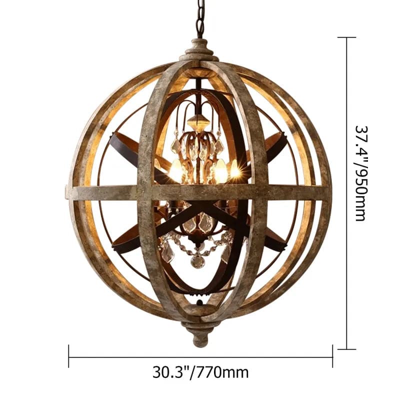 Lustre globe rétro à 5 lumières en bois patiné et accents de cristal