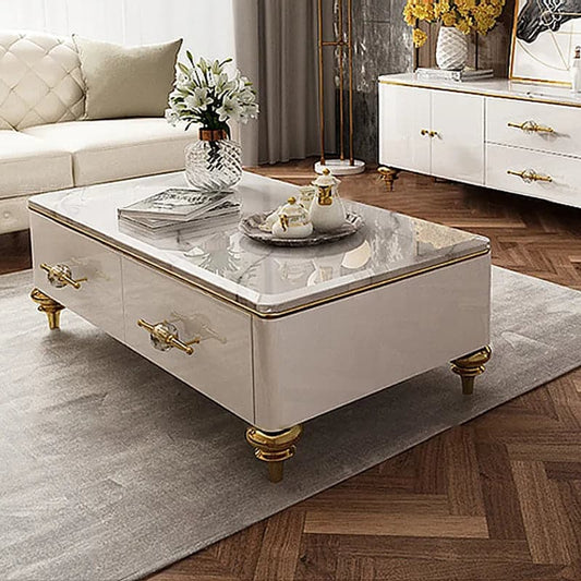 Table basse moderne en marbre blanc/noir de 51 po et tiroirs de rangement, pieds en acier inoxydable doré