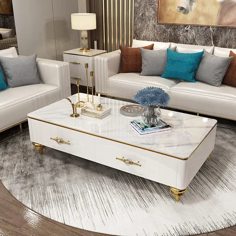 Table basse moderne en marbre blanc/noir de 51 po et tiroirs de rangement, pieds en acier inoxydable doré
