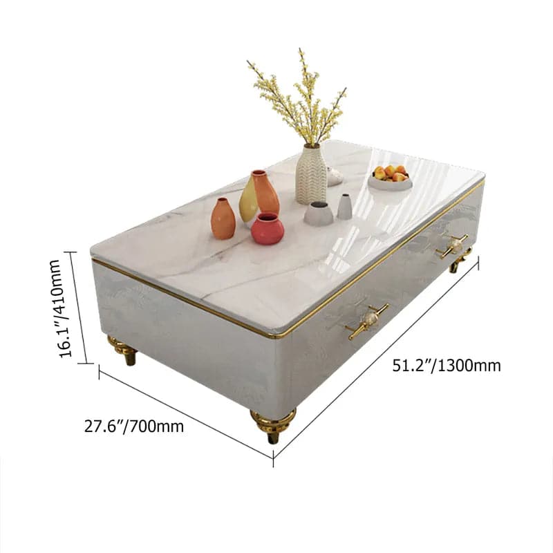 Table basse moderne en marbre blanc/noir de 51 po et tiroirs de rangement, pieds en acier inoxydable doré