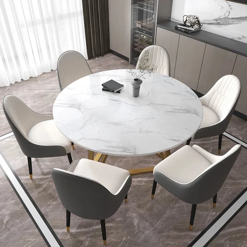 59 Inches White Modern Round Faux Marble Dining Table Stainless Steel Base for 8 Seaters