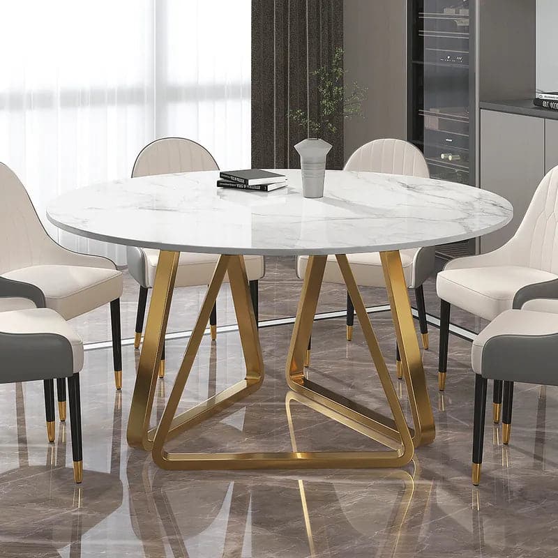 59 Inches White Modern Round Faux Marble Dining Table Stainless Steel Base for 8 Seaters