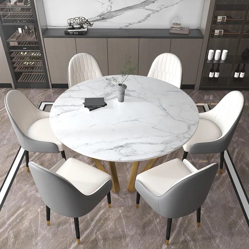 59 Inches White Modern Round Faux Marble Dining Table Stainless Steel Base for 8 Seaters