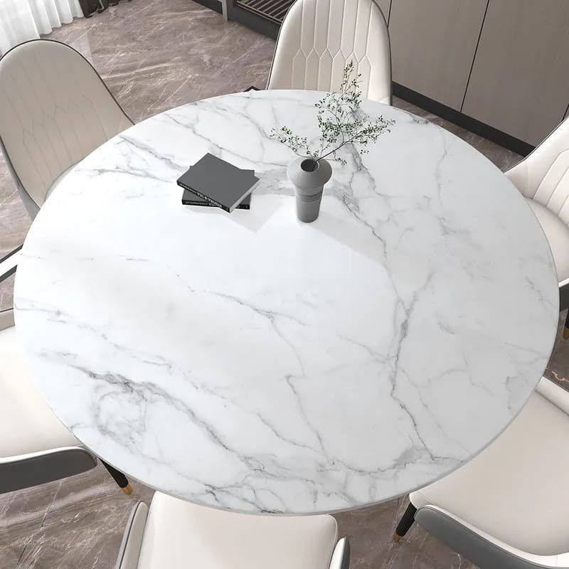 59 Inches White Modern Round Faux Marble Dining Table Stainless Steel Base for 8 Seaters