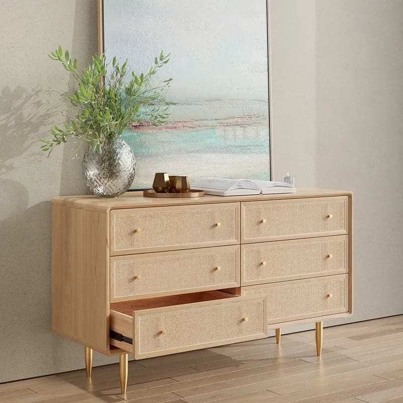 Commode de chambre nordique naturelle de 53 po avec 6 tiroirs en rotin tissé doré