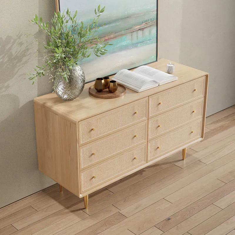 Commode de chambre nordique naturelle de 53 po avec 6 tiroirs en rotin tissé doré