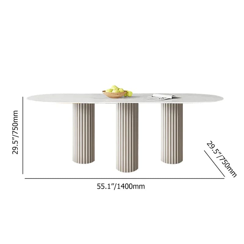 Table de salle à manger ovale moderne de 55,1 po avec plateau en pierre frittée et 3 pieds en blanc