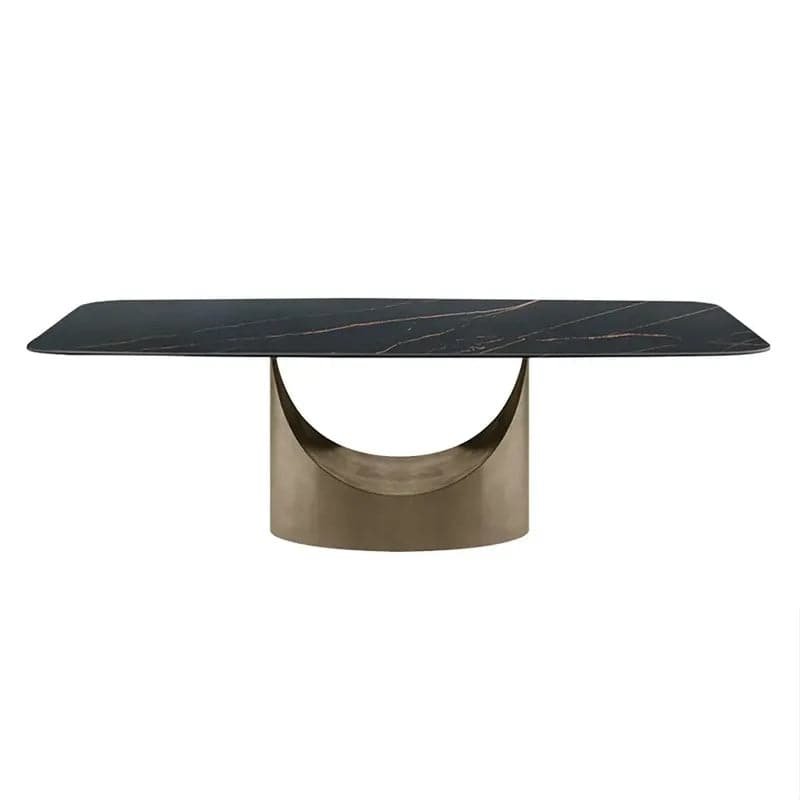 55 Rectangle Black Dining Table for 4 Person Sintered Stone Top Antique Brass Pedestal