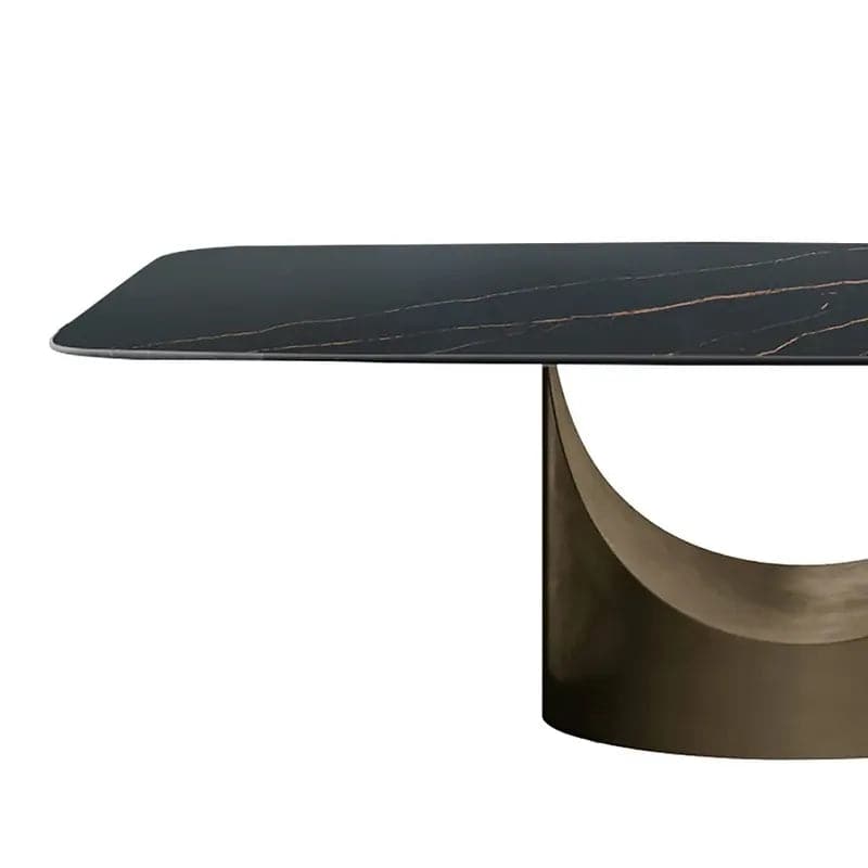 55 Rectangle Black Dining Table for 4 Person Sintered Stone Top Antique Brass Pedestal