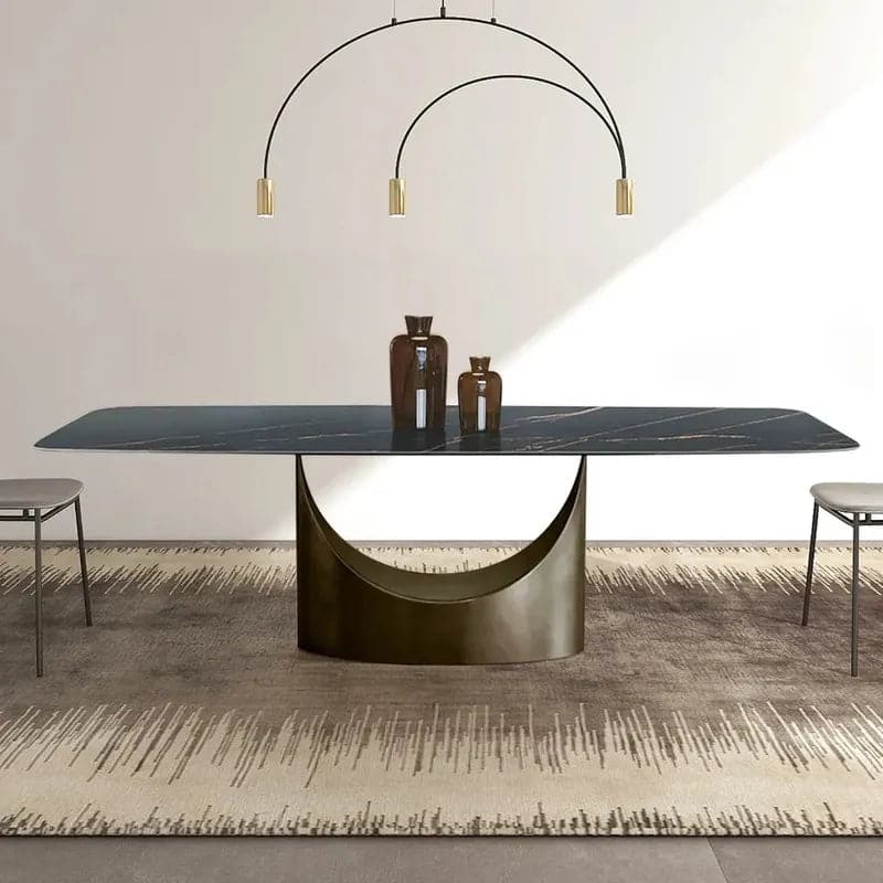 55 Rectangle Black Dining Table for 4 Person Sintered Stone Top Antique Brass Pedestal