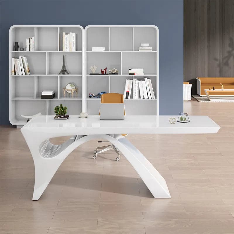 Modern White&Black Computer Desk Rectangular Office Desk with Pedestal Base#White-S