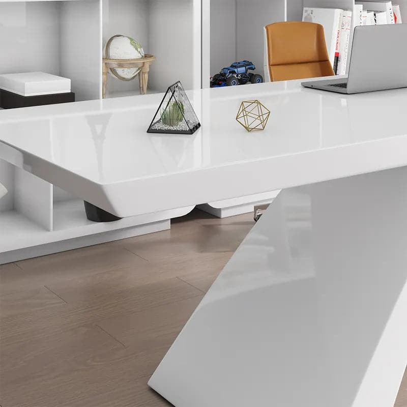 Modern White&Black Computer Desk Rectangular Office Desk with Pedestal Base#White-S