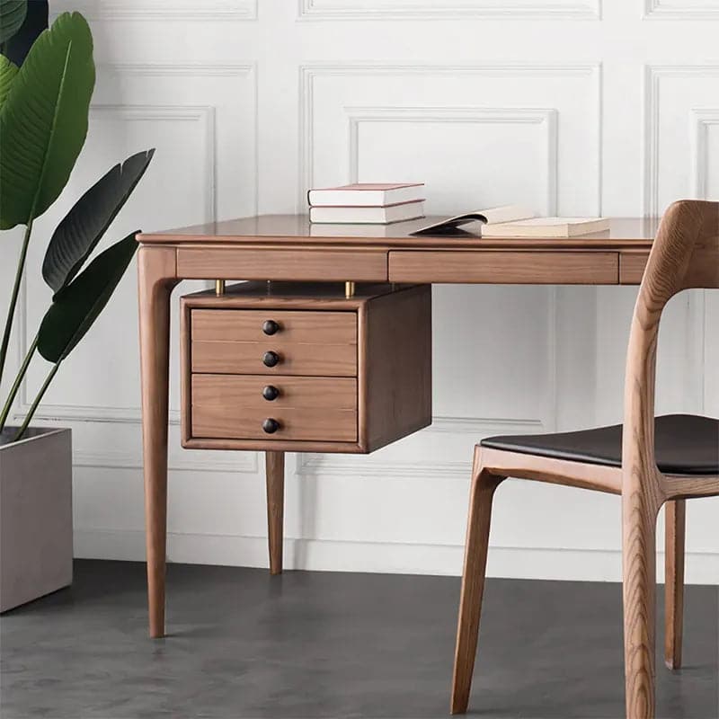 59.1 Modern Walnut Home Office Desk with Drawer Storage Pine Wood Desk