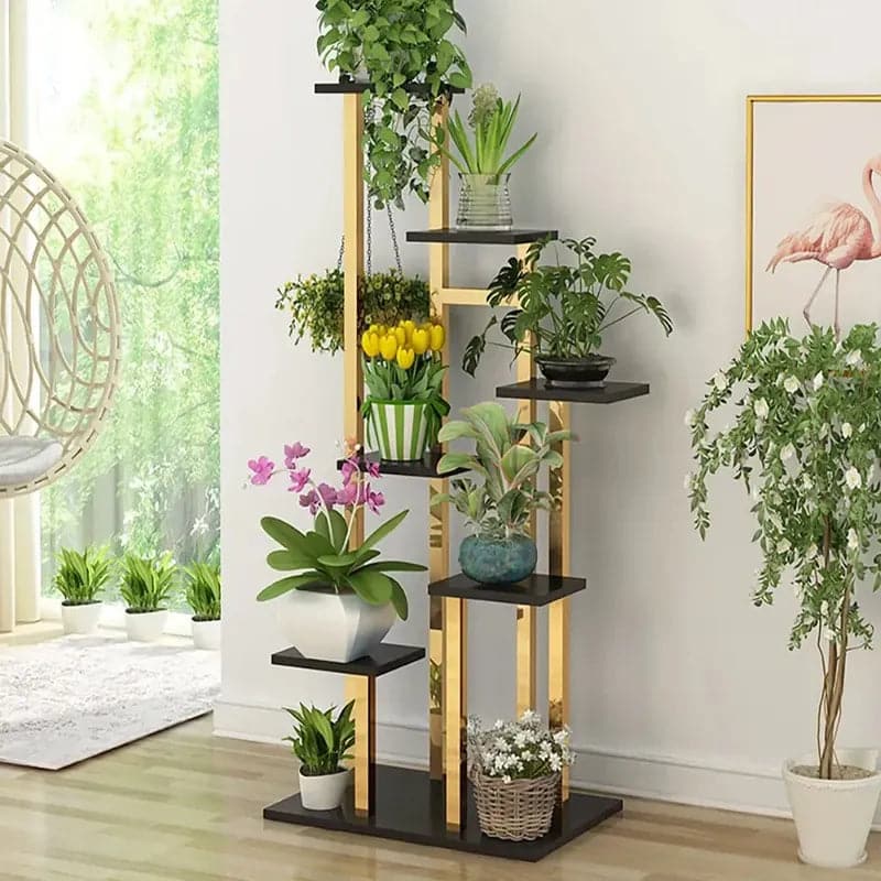 Support pour plantes en métal de 59,1 po de haut, jardinière d'intérieur moderne à 7 niveaux en or, blanc et noir