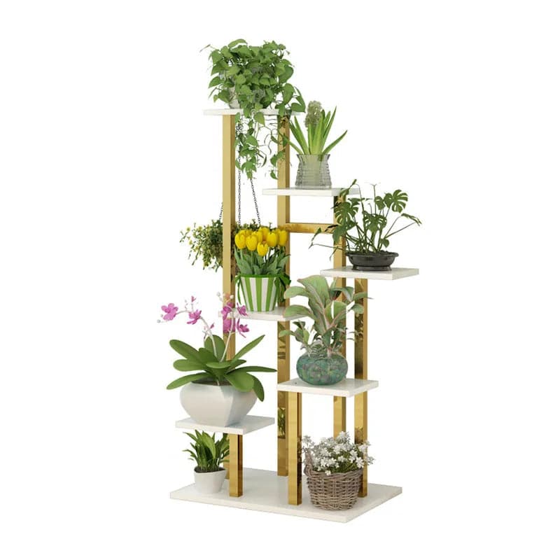 Support pour plantes en métal de 59,1 po de haut, jardinière d'intérieur moderne à 7 niveaux en or, blanc et noir