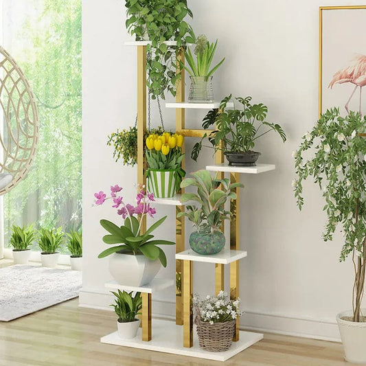 Support pour plantes en métal de 59,1 po de haut, jardinière d'intérieur moderne à 7 niveaux en or, blanc et noir