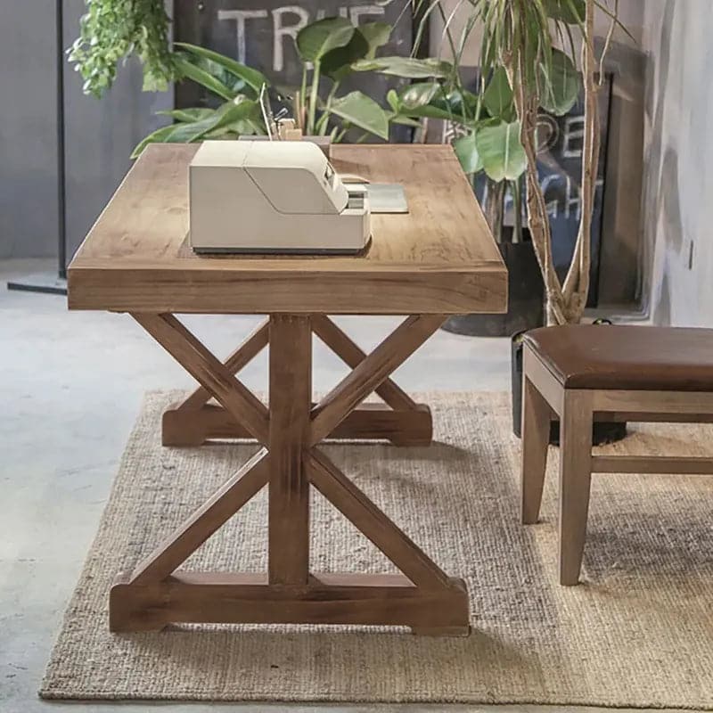 Rustic Farmhouse Wooden Office Desk in Natural with Trestle#Natural-M