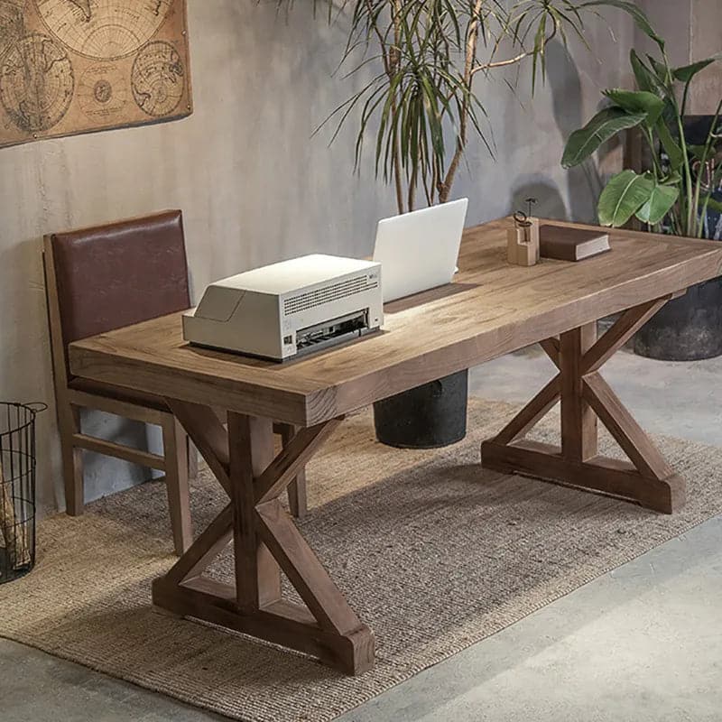 Rustic Farmhouse Wooden Office Desk in Natural with Trestle#Natural-M