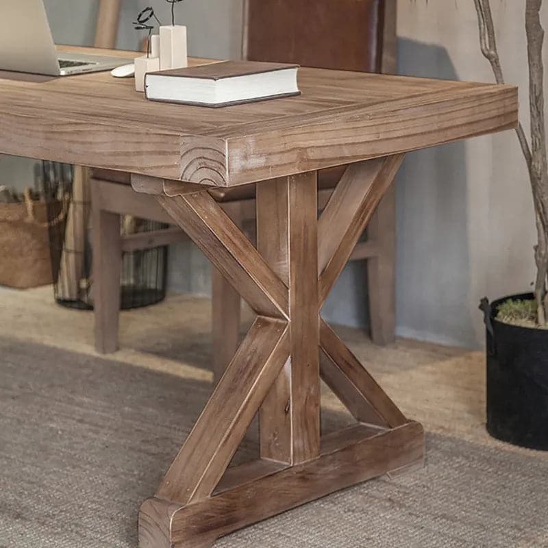 Rustic Farmhouse Wooden Office Desk in Natural with Trestle#Natural-M