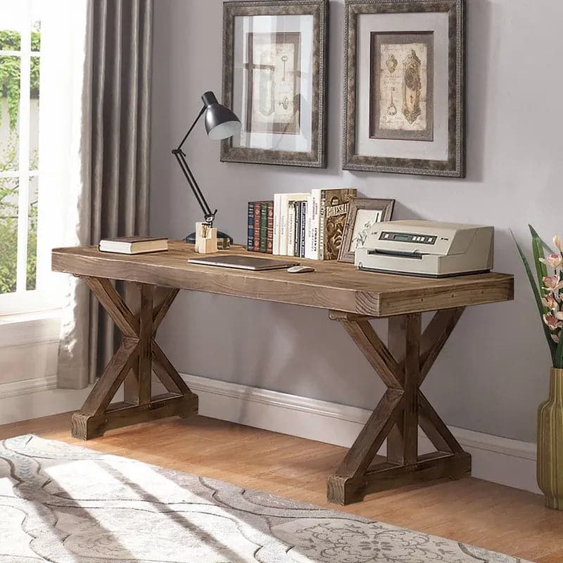 Rustic Farmhouse Wooden Office Desk in Natural with Trestle#Natural-M
