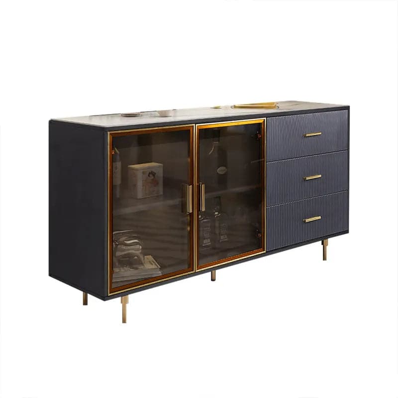 Buffet moderne de 59 pouces, dessus en pierre frittée, buffet de luxe, portes en verre trempé, grandes dimensions