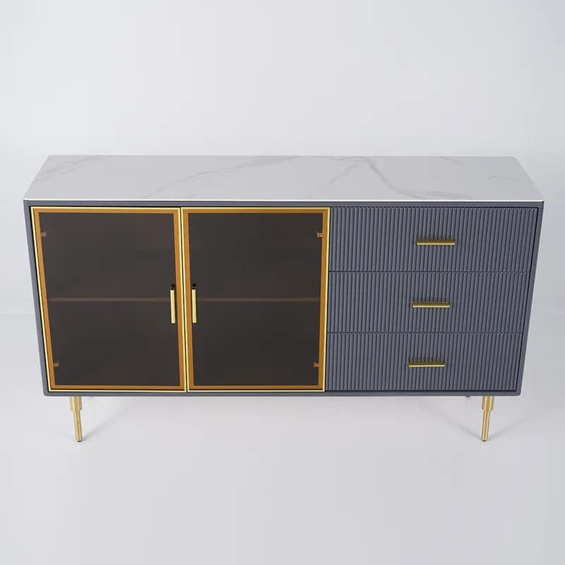 Buffet moderne de 59 pouces, dessus en pierre frittée, buffet de luxe, portes en verre trempé, grandes dimensions