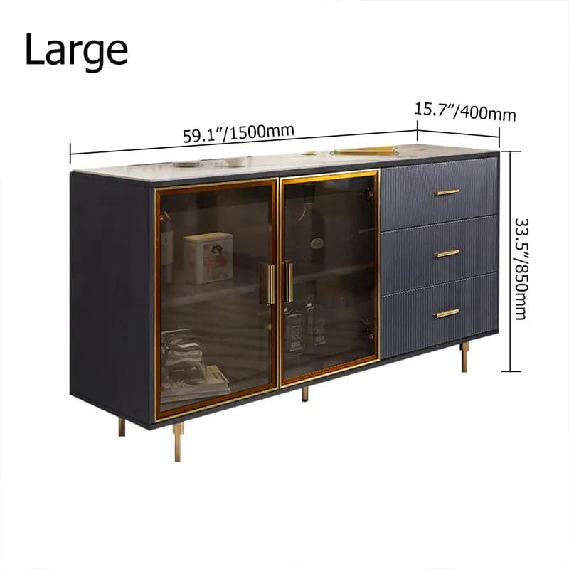 Buffet moderne de 59 pouces, dessus en pierre frittée, buffet de luxe, portes en verre trempé, grandes dimensions