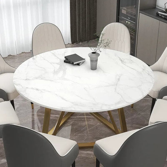 Table de salle à manger ronde moderne en faux marbre, 59 pouces, base en acier inoxydable pour 8 personnes