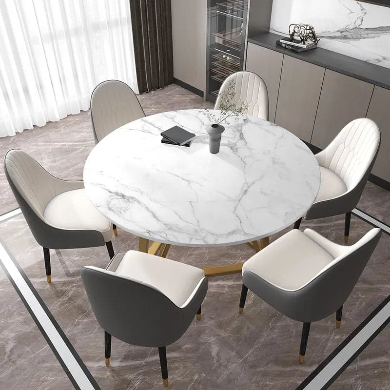 59" White Modern Round Faux Marble Dining Table Stainless Steel Base for 8 Seaters