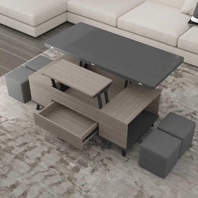 5 Pieces Lift Top Coffee Table Set with Storage Convertible Dining Table with Ottomans #Black