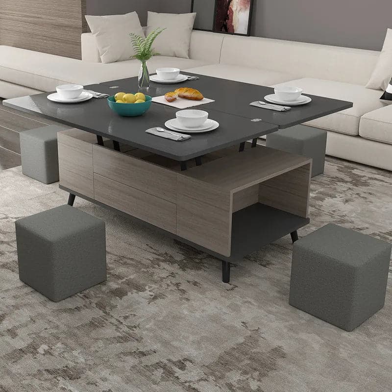 5 Pieces Lift Top Coffee Table Set with Storage Convertible Dining Table with Ottomans #Black