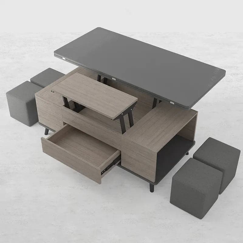 5 Pieces Lift Top Coffee Table Set with Storage Convertible Dining Table with Ottomans #Black