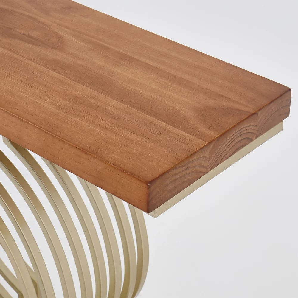Modern Walnut Narrow Sofa Console Table with Geometric Metal Base in Gold