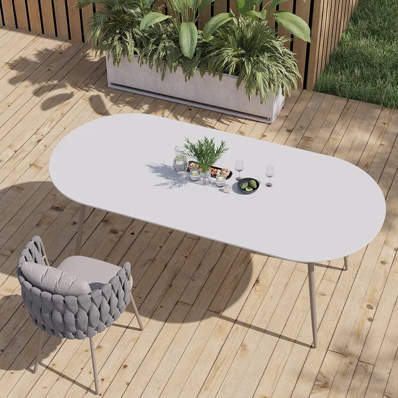 Table de salle à manger ovale pour 6 personnes, plateau en faux marbre et table de patio extérieure en aluminium, blanc et gris 