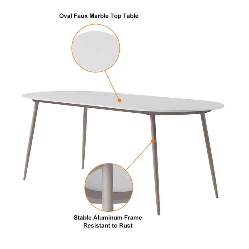 6 - Person Oval Faux Marble Top & Aluminum Outdoor Patio Dinning Table in White & Gray