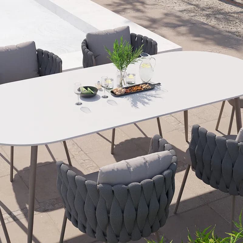 Table de salle à manger ovale pour 6 personnes, plateau en faux marbre et table de patio extérieure en aluminium, blanc et gris 