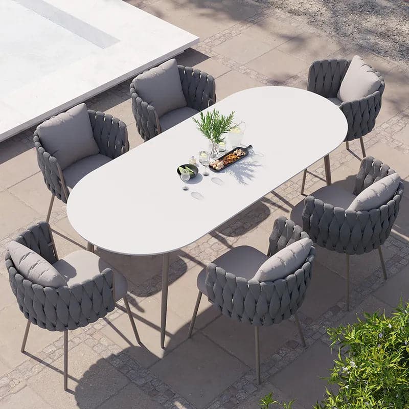 Table de salle à manger ovale pour 6 personnes, plateau en faux marbre et table de patio extérieure en aluminium, blanc et gris 