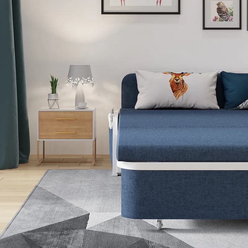 60 Inches Modern Blue Convertible Sofa Bed with Storage Cotton & Linen Upholstered Daybed#Blue