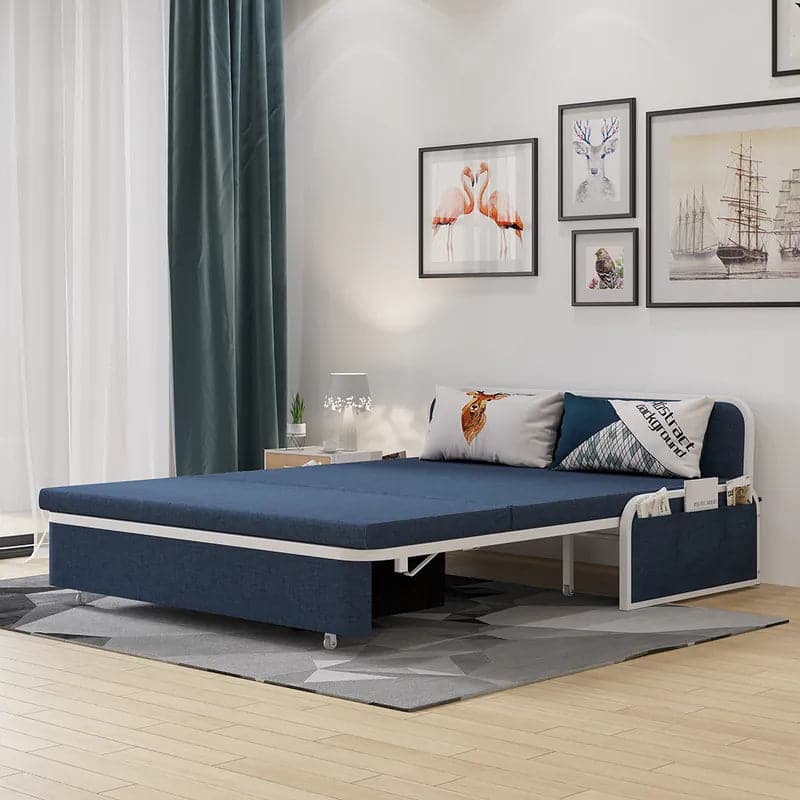 60  Modern Light/Deep Gray&Blue&Khaki Cotton Linen Upholstered Convertible Pull Out Sofa Bed Storage#Blue