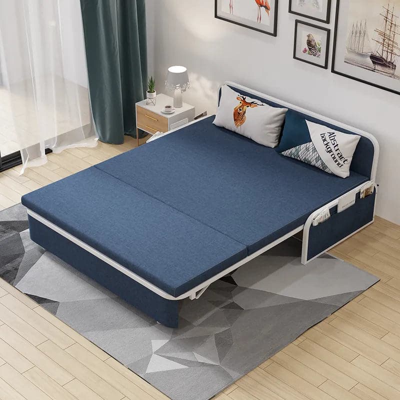 60  Modern Light/Deep Gray&Blue&Khaki Cotton Linen Upholstered Convertible Pull Out Sofa Bed Storage#Blue