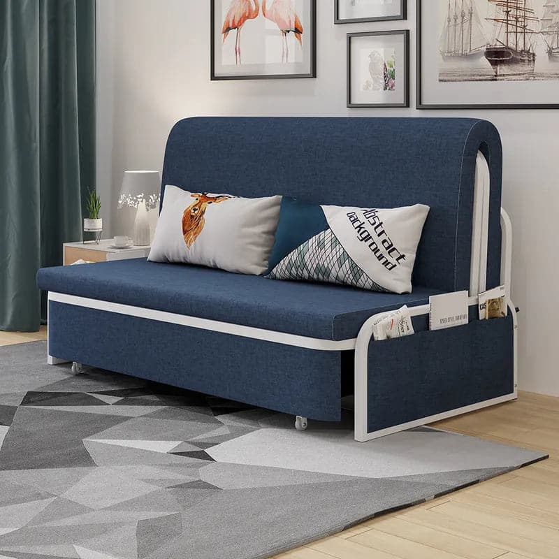 60  Modern Light/Deep Gray&Blue&Khaki Cotton Linen Upholstered Convertible Pull Out Sofa Bed Storage#Blue