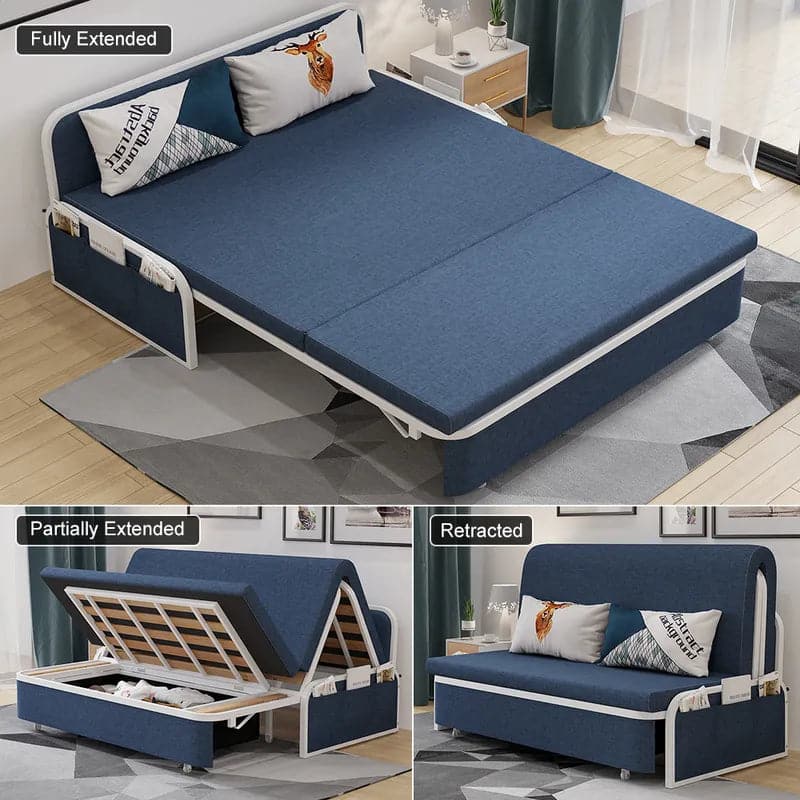 60  Modern Light/Deep Gray&Blue&Khaki Cotton Linen Upholstered Convertible Pull Out Sofa Bed Storage#Blue