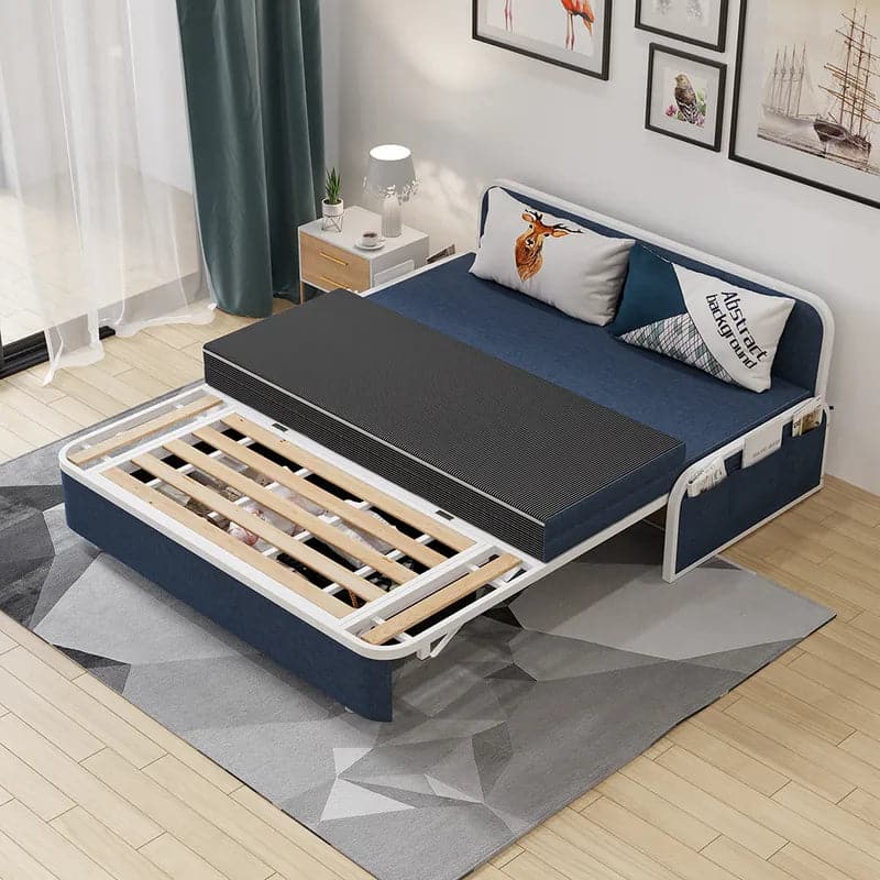 60  Modern Light/Deep Gray&Blue&Khaki Cotton Linen Upholstered Convertible Pull Out Sofa Bed Storage#Blue