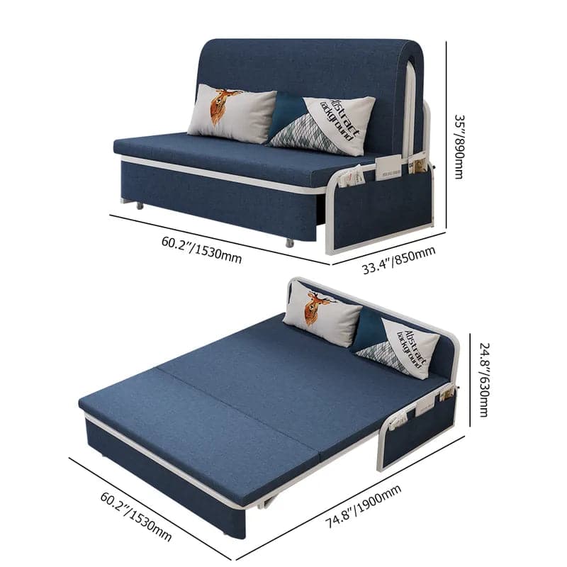 60  Modern Light/Deep Gray&Blue&Khaki Cotton Linen Upholstered Convertible Pull Out Sofa Bed Storage#Blue