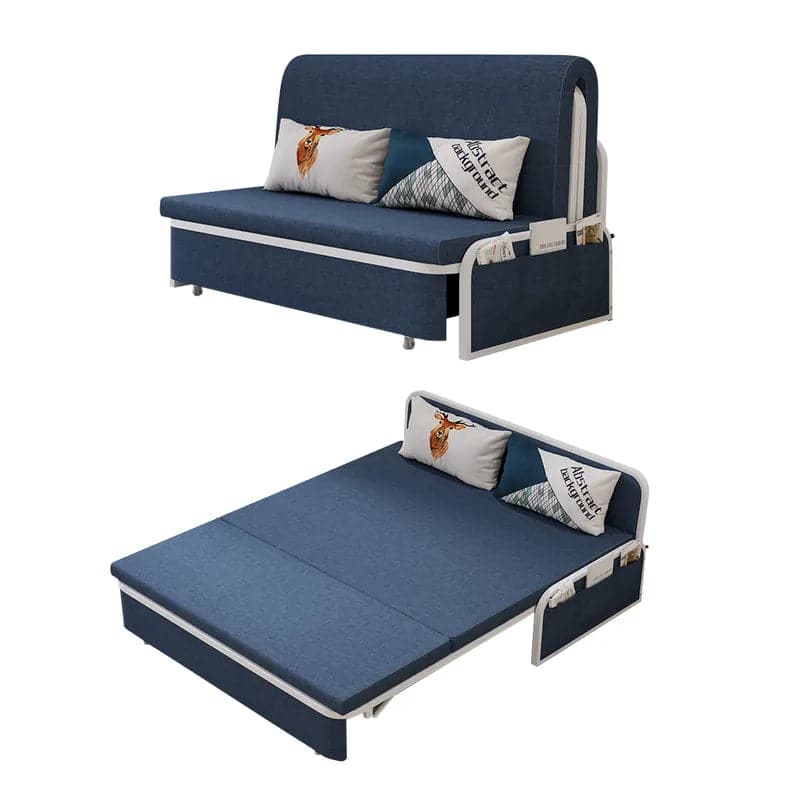 60  Modern Light/Deep Gray&Blue&Khaki Cotton Linen Upholstered Convertible Pull Out Sofa Bed Storage#Blue