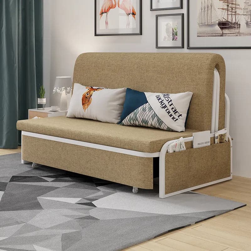 60 Inches Modern Khaki Convertible Sofa Bed with Storage Cotton & Linen Upholstered Daybed#Khaki
