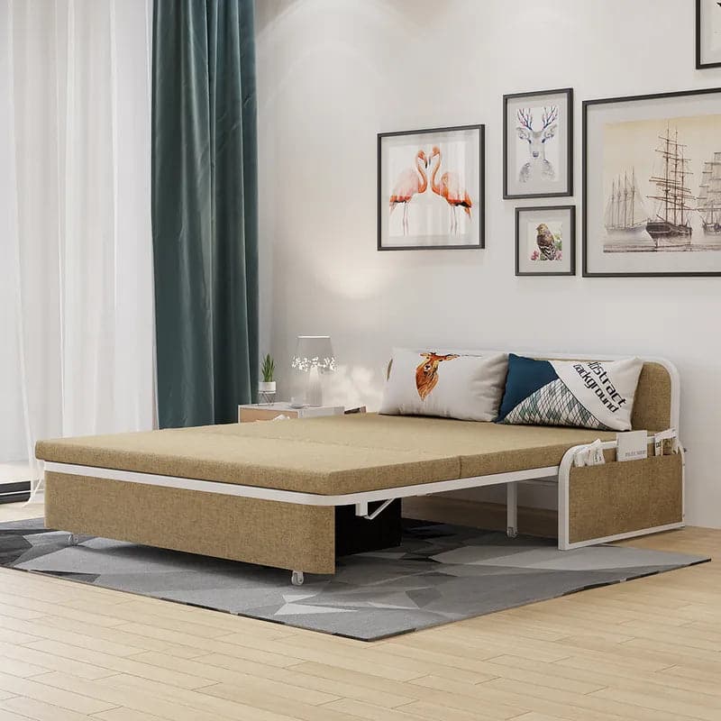60  Modern Light/Deep Gray&Blue&Khaki Cotton Linen Upholstered Convertible Pull Out Sofa Bed Storage#Khaki 